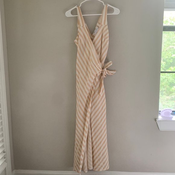 Neutral White, Beige, Sand, Beach Linen Cross Over Wrap Side Back Tie Tank Dress - Picture 2 of 5